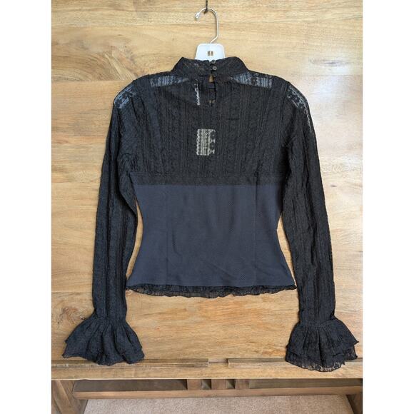 Free People Lace Blouse Top Womens Small Black Cropped Long Sleeve High Neck NWT - Picture 2 of 4